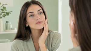 Donna osserva la propria pelle allo specchio per gli effetti dello stress