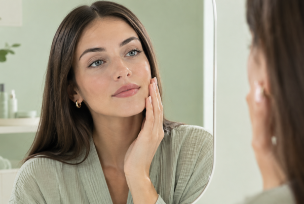 Donna osserva la propria pelle allo specchio per gli effetti dello stress