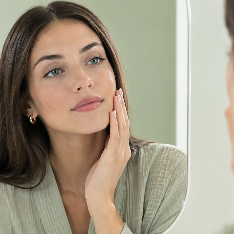 Donna osserva la propria pelle allo specchio per gli effetti dello stress