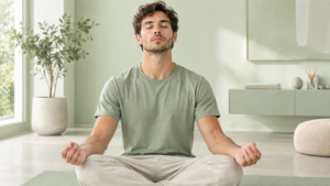 Uomo pratica respirazione per ridurre lo stress quotidiano
