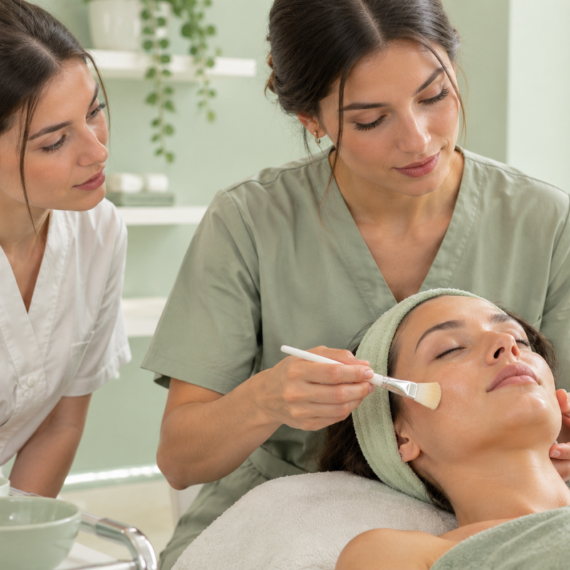 Apprendista estetista impara una tecnica di trattamento viso