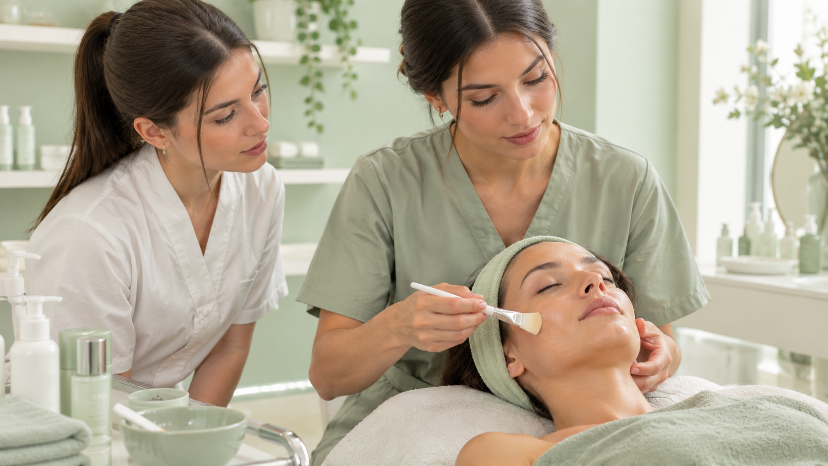 Apprendista estetista impara una tecnica di trattamento viso