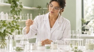 Cosmetologa in laboratorio che lavora su una formulazione cosmetica