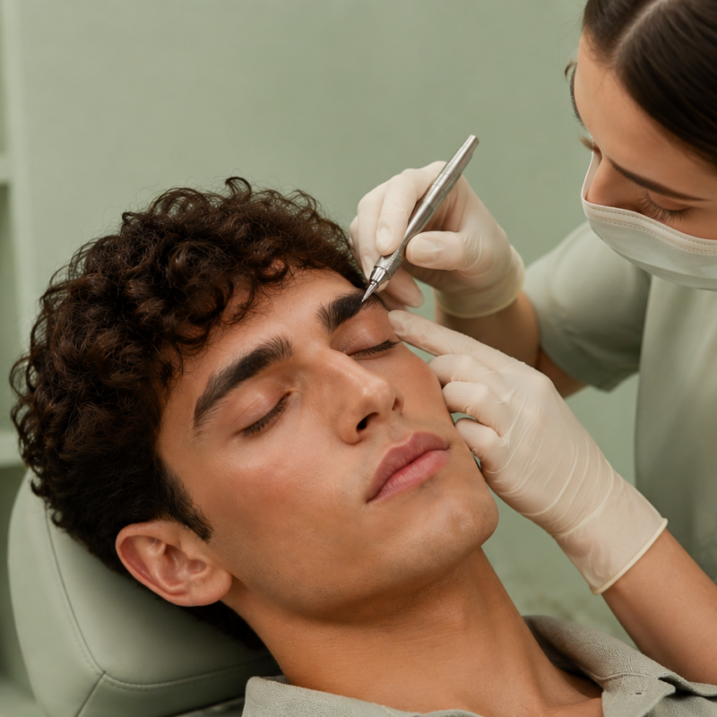 dermopigmentista esegue trucco semipermanente sopracciglia