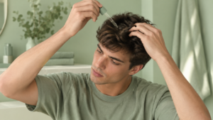 Uomo applica un rimedio lenitivo per il cuoio capelluto sensibile
