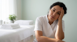 Estetista stanca seduta nel proprio studio, immagine sul burnout estetista