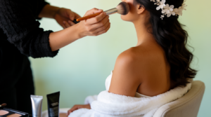 Sposa durante l'applicazione del trucco sposa da parte di una make-up artist