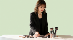 Truccatrice professionista prepara i pennelli per il trucco sposa