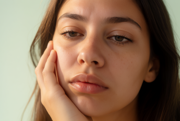 donna con pelle affaticata dallo stress che osserva il proprio viso