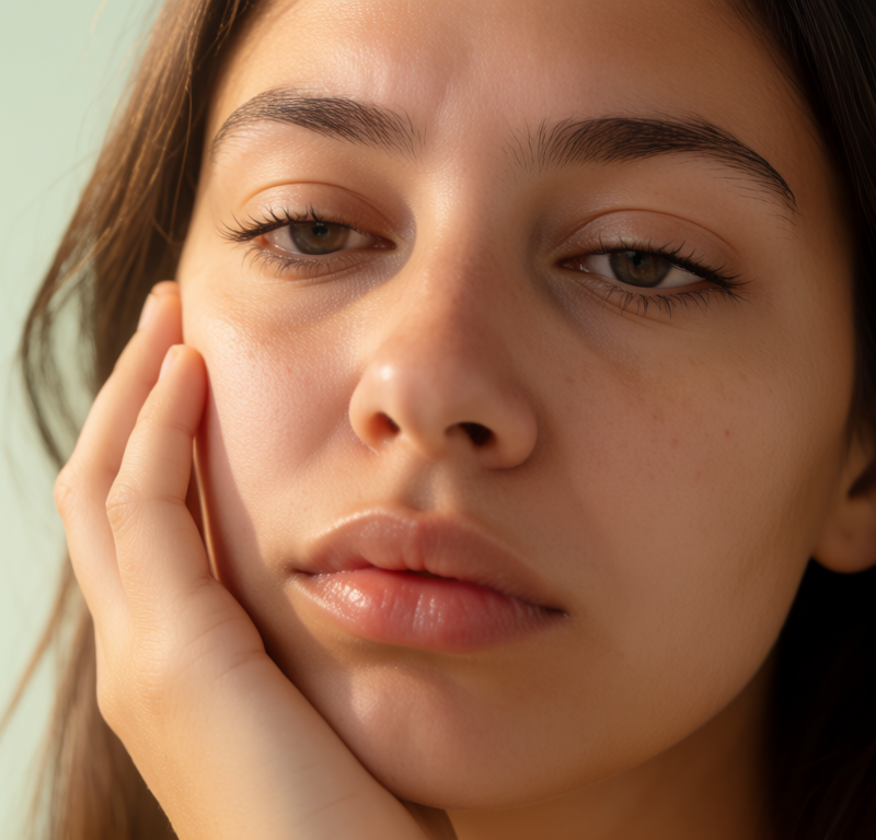 donna con pelle affaticata dallo stress che osserva il proprio viso