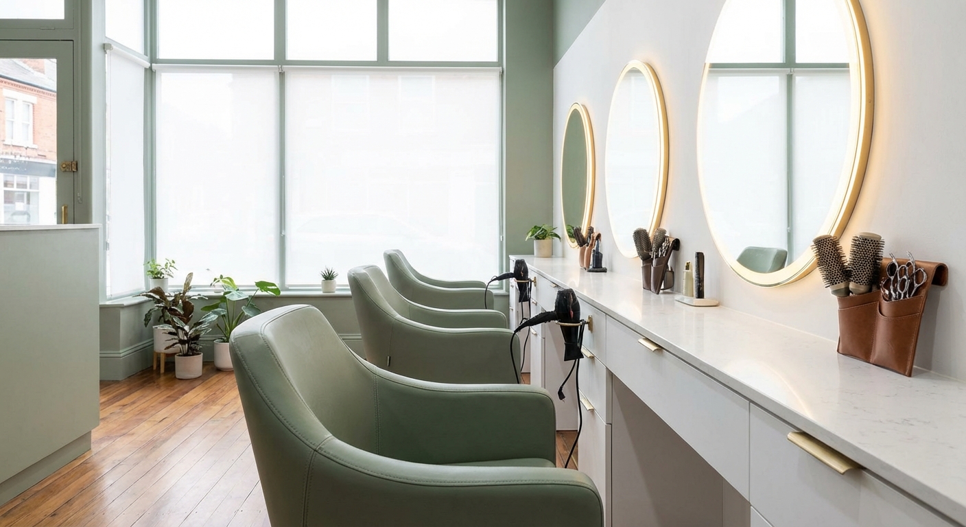 Attrezzatura professionale per salone di parrucchiere: poltrone, specchi e strumenti