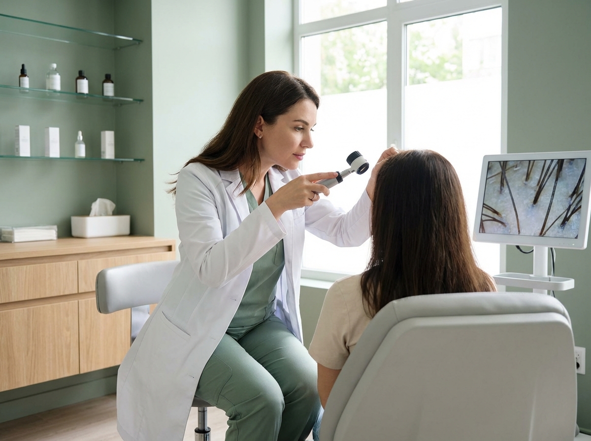 Tricologo esamina il cuoio capelluto di una paziente in studio professionale