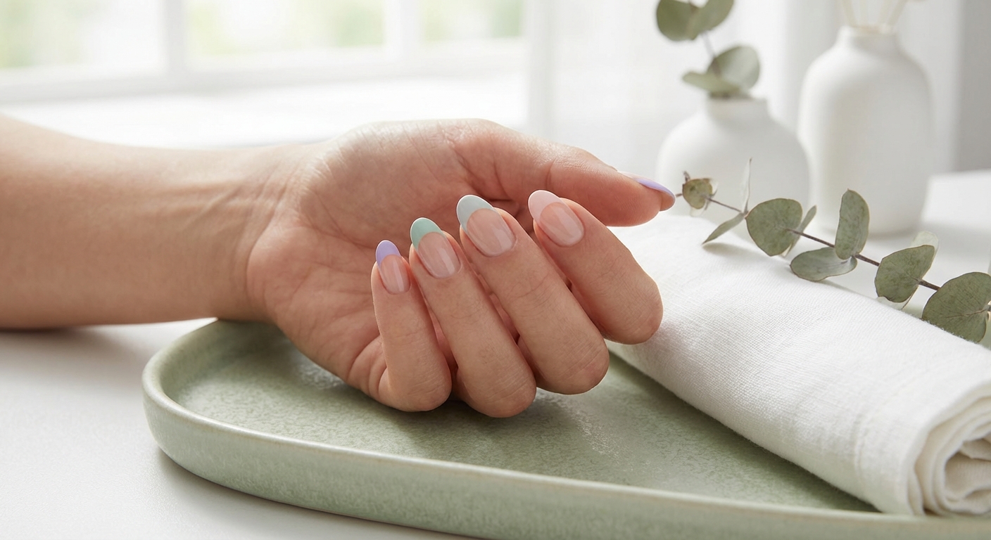 Pastel French manicure in colori lavanda e verde menta tendenza primavera 2026