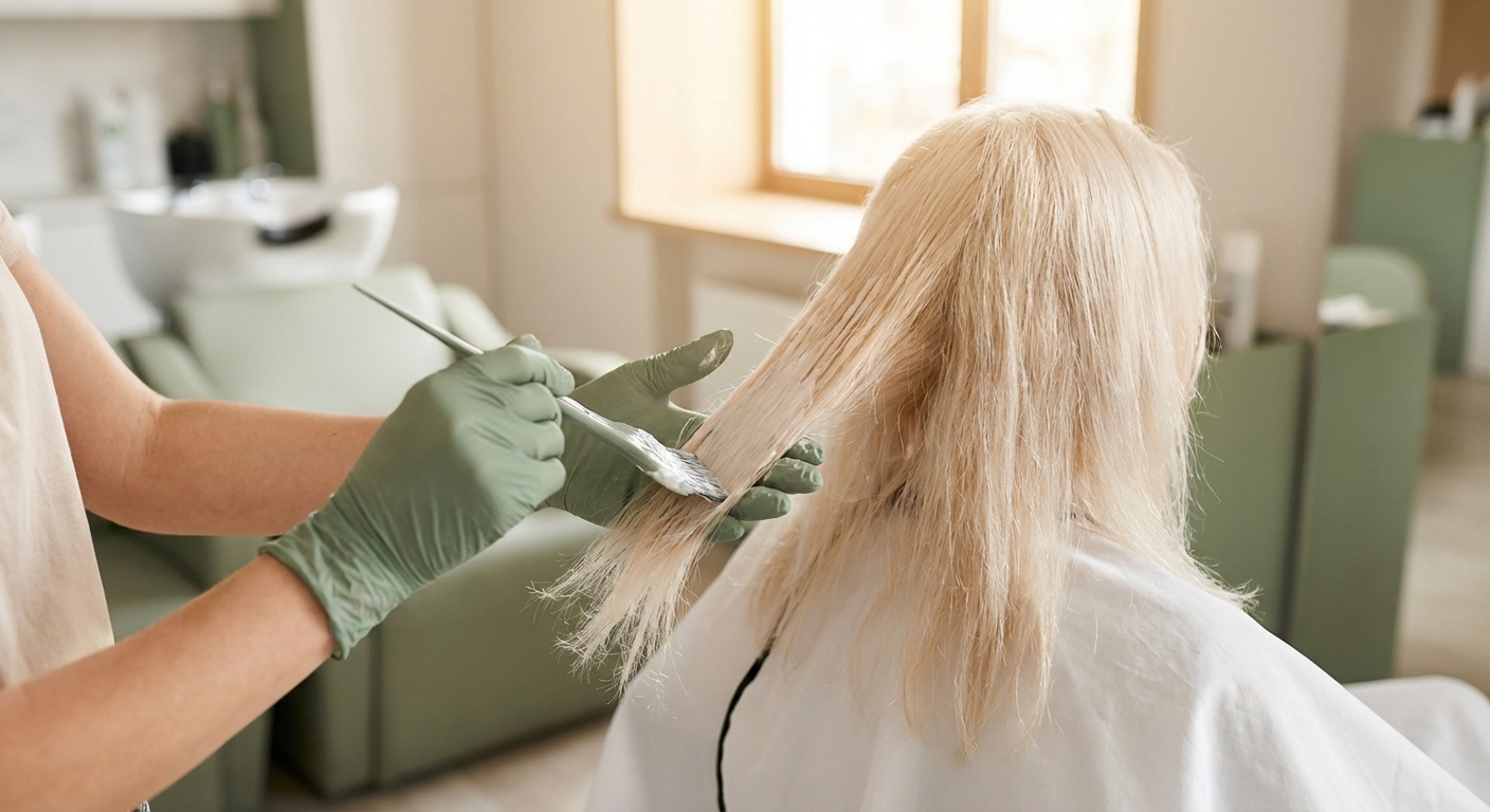 Applicazione di maschera riparativa su capelli danneggiati dalla decolorazione in salone professionale