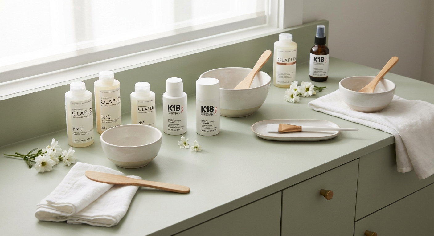 Prodotti per riparare capelli bruciati dalla decolorazione: Olaplex No.3 e K18 Leave-In su bancone salone