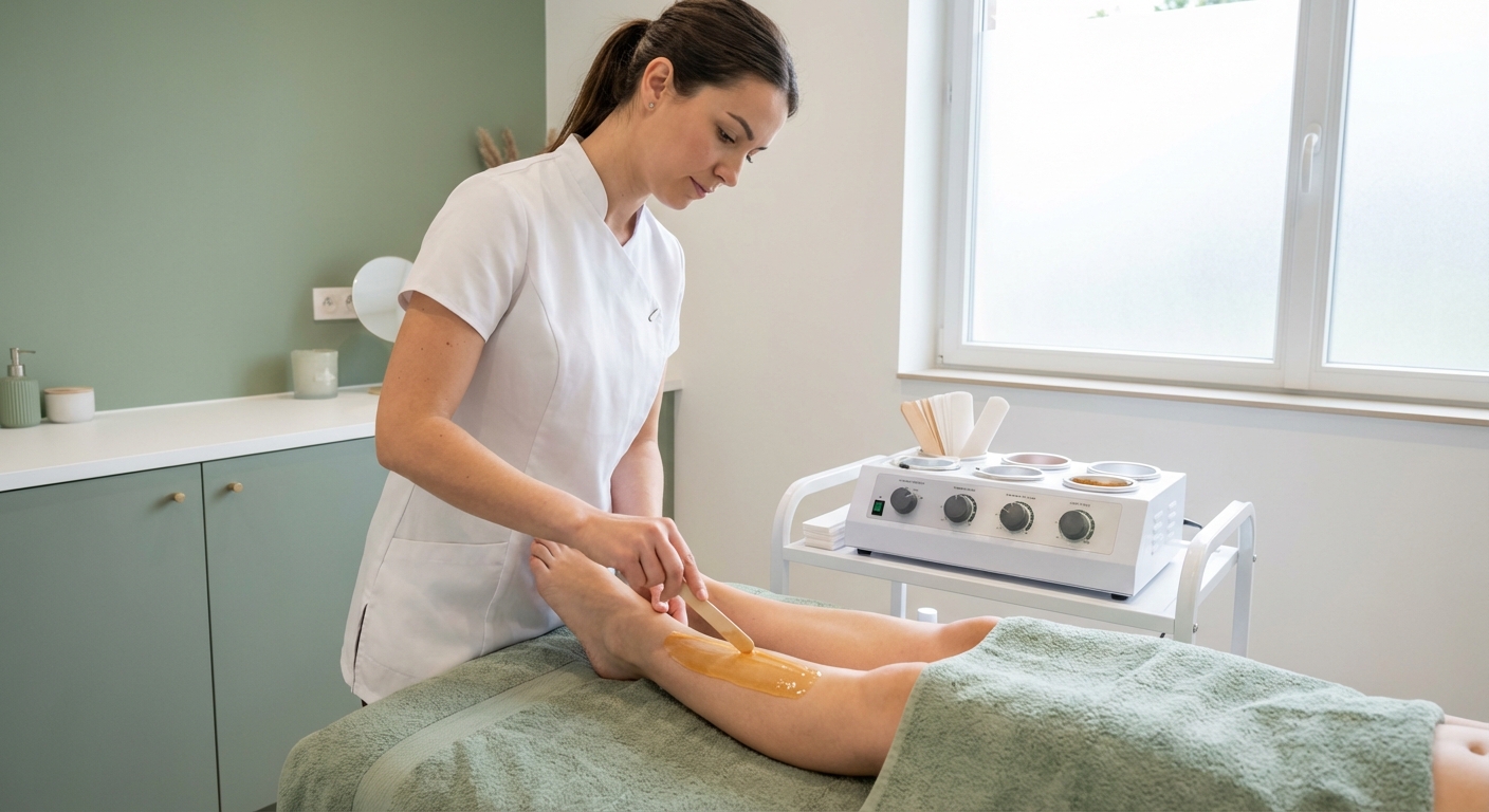 Estetista applica ceretta alle gambe in un centro estetico