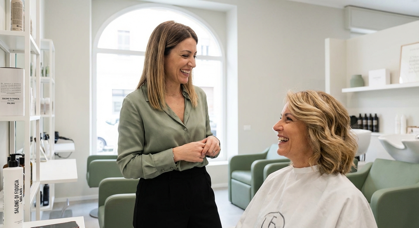 Parrucchiera che parla con una cliente soddisfatta nel salone