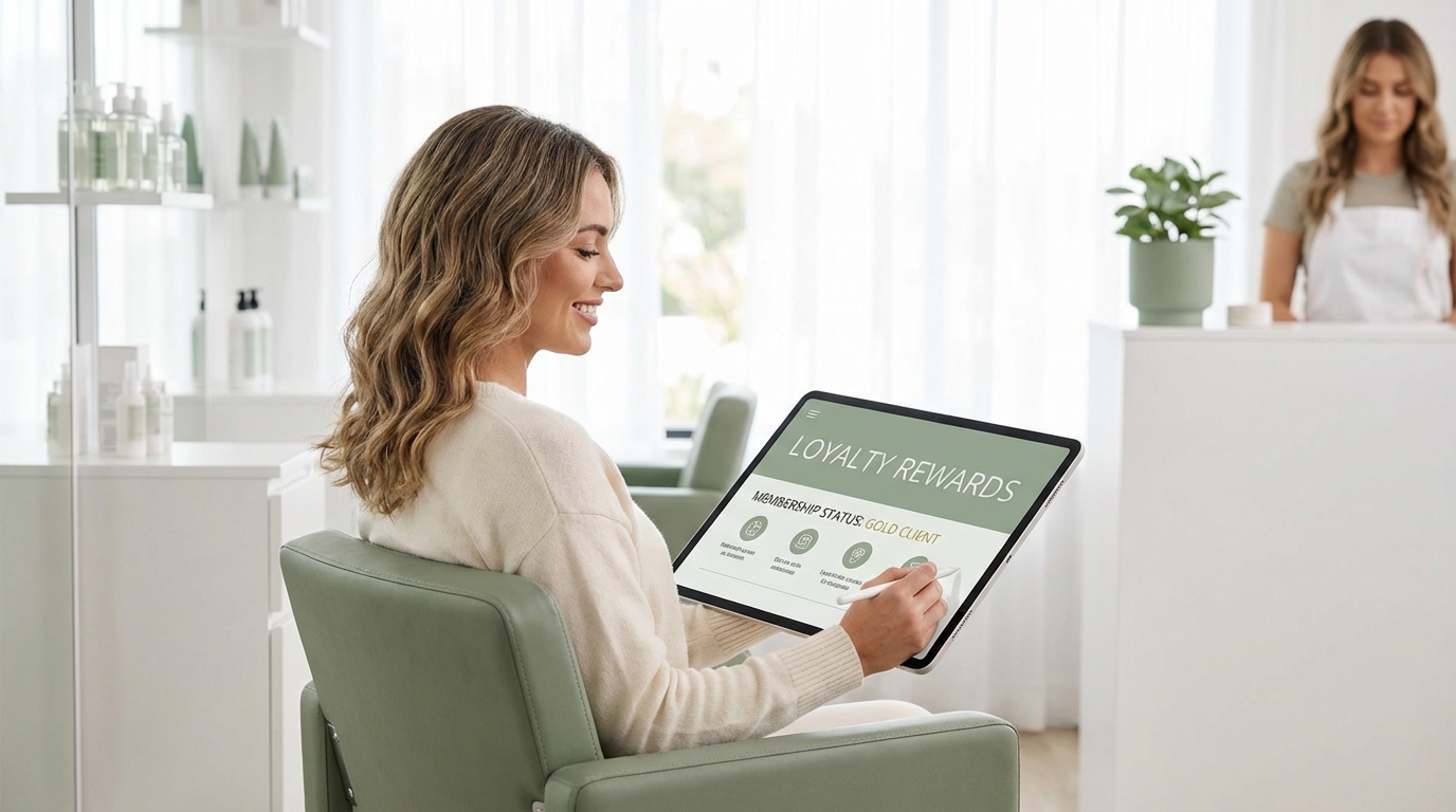 Cliente salone che controlla i propri punti fedeltà su schermo digitale