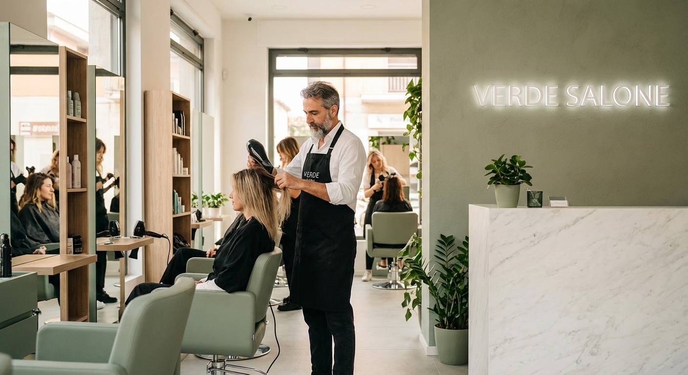 Parrucchiere professionale con cliente in salone franchising moderno in Italia