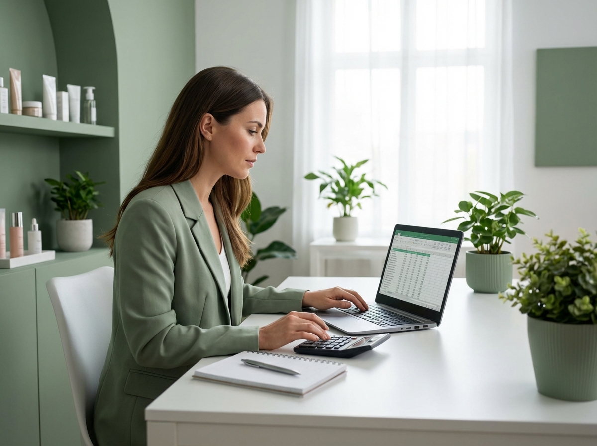 Titolare di salone che calcola i costi e il break-even con calcolatrice e fogli