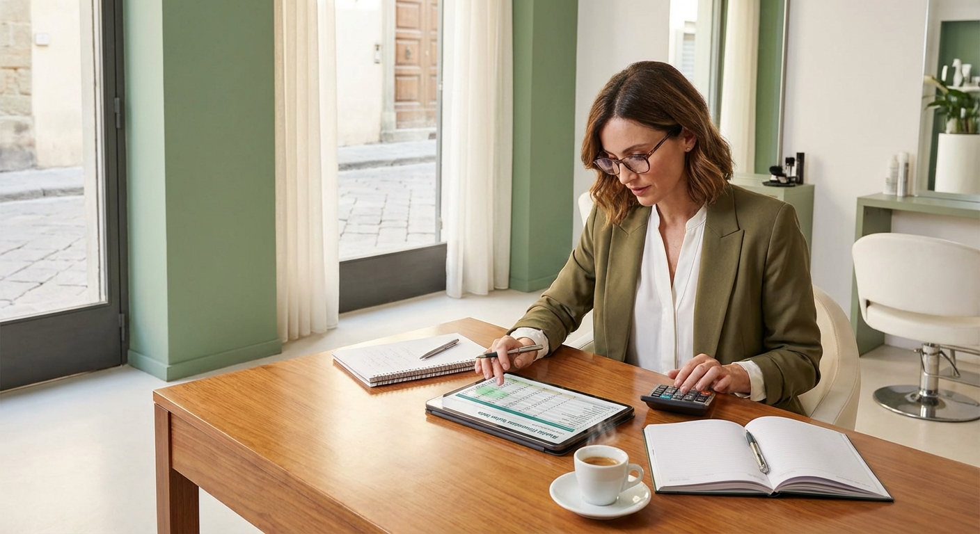 titolare salone che calcola i prezzi dei servizi su foglio di calcolo