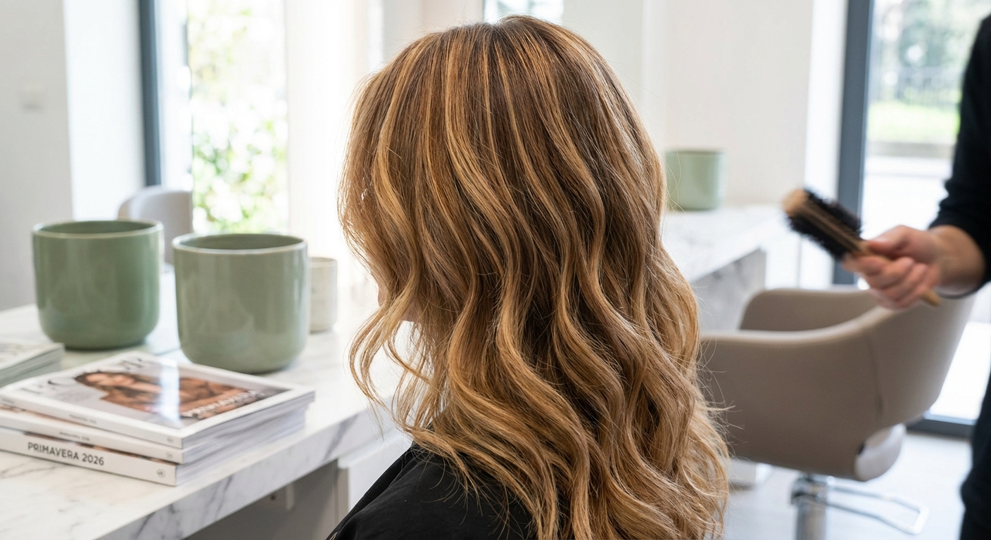 Sfumatura Golden Toffee su capelli: close up toni caramello dorato balayage primavera 2026