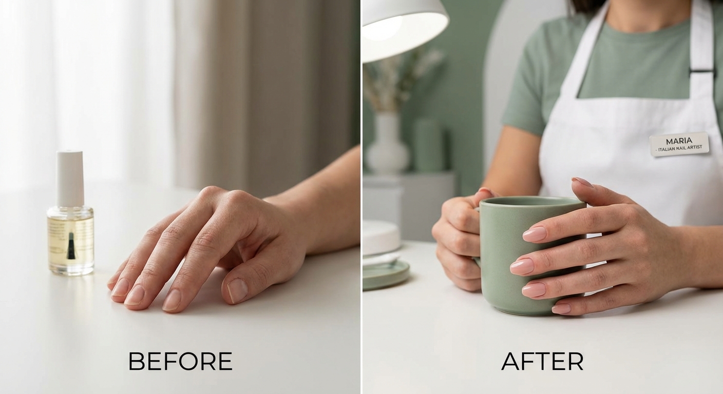 Risultato di una manicure classica gel: unghie color nude eleganti