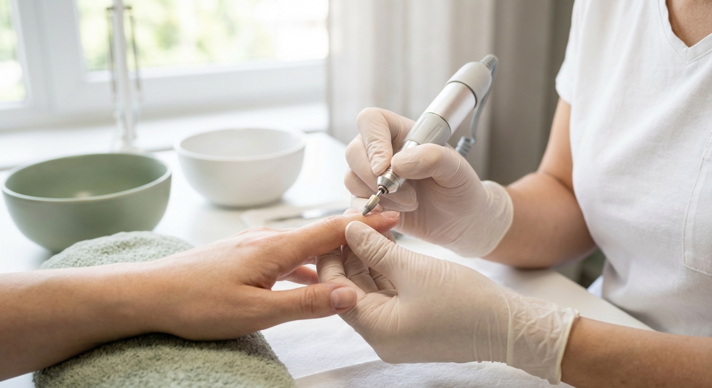 Tecnica di manicure russa con fresa elettrica in un centro estetico italiano