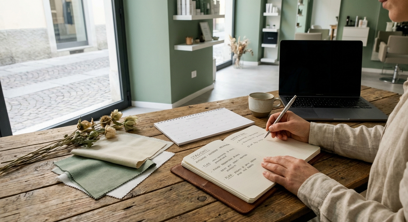titolare salone che pianifica il calendario marketing stagionale con agenda e laptop