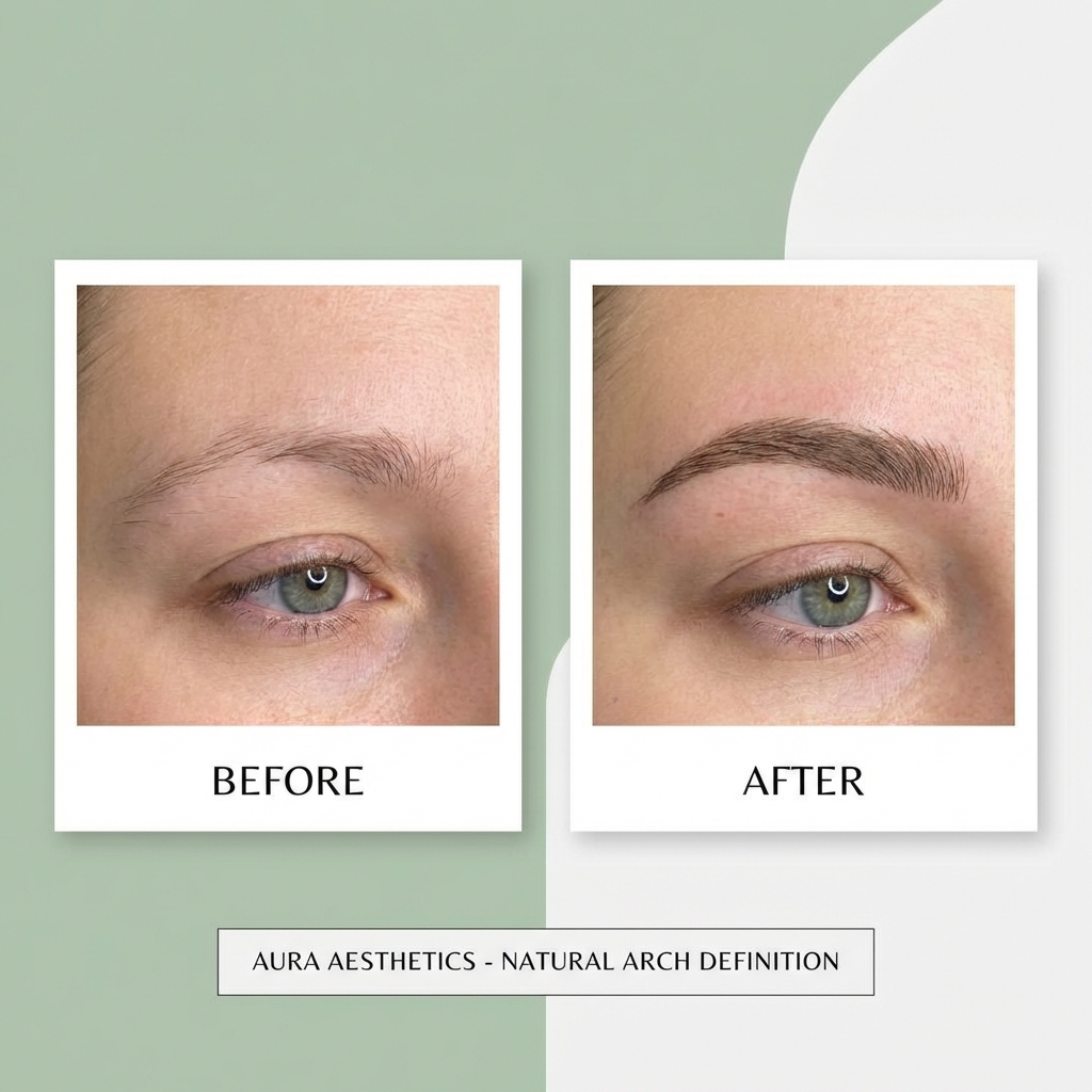 Risultato microblading sopracciglia prima e dopo, effetto naturale su sopracciglia definite