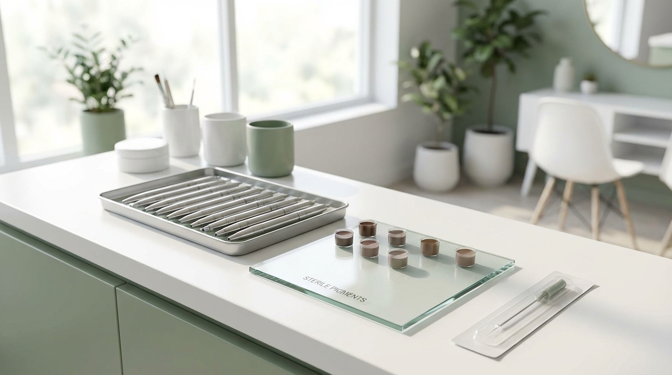 Strumenti professionali per microblading sopracciglia, aghi monouso sterili e pigmenti certificati