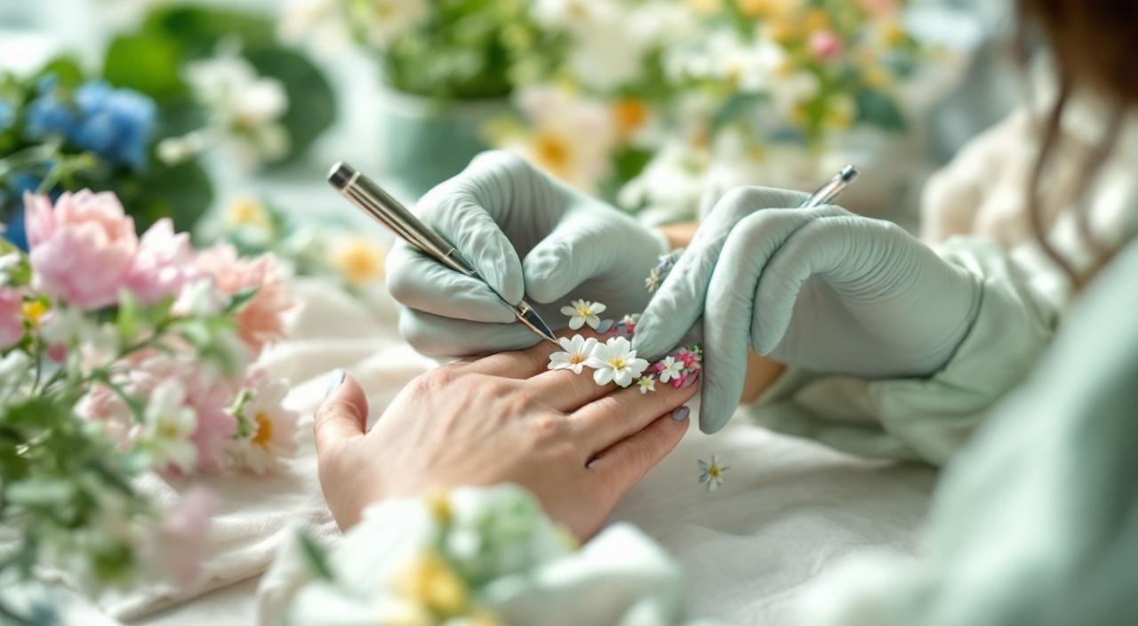 Onicotecnica professionista che applica nail art botanica con fiori in rilievo su cliente in salone nel 2026