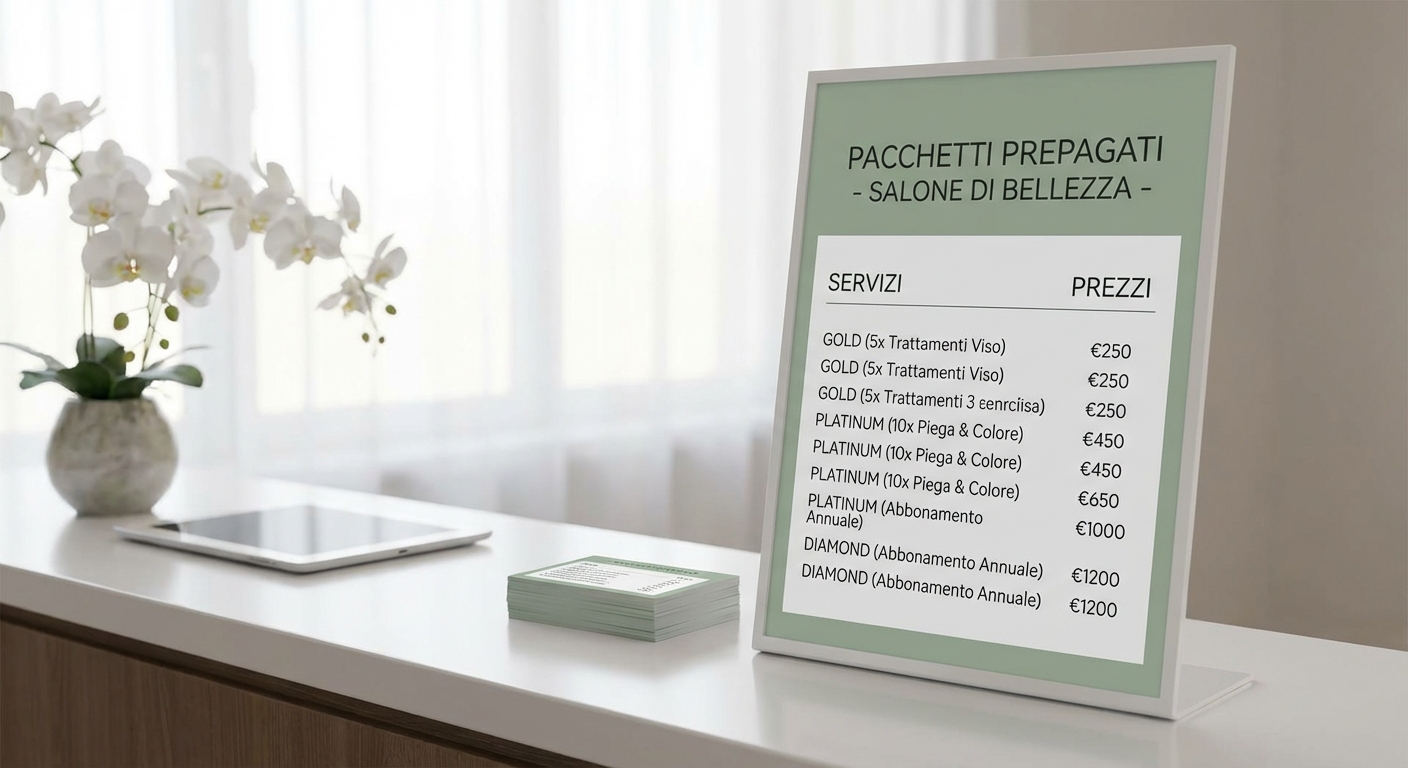 bacheca con pacchetti servizi e prezzi esposta in un salone italiano