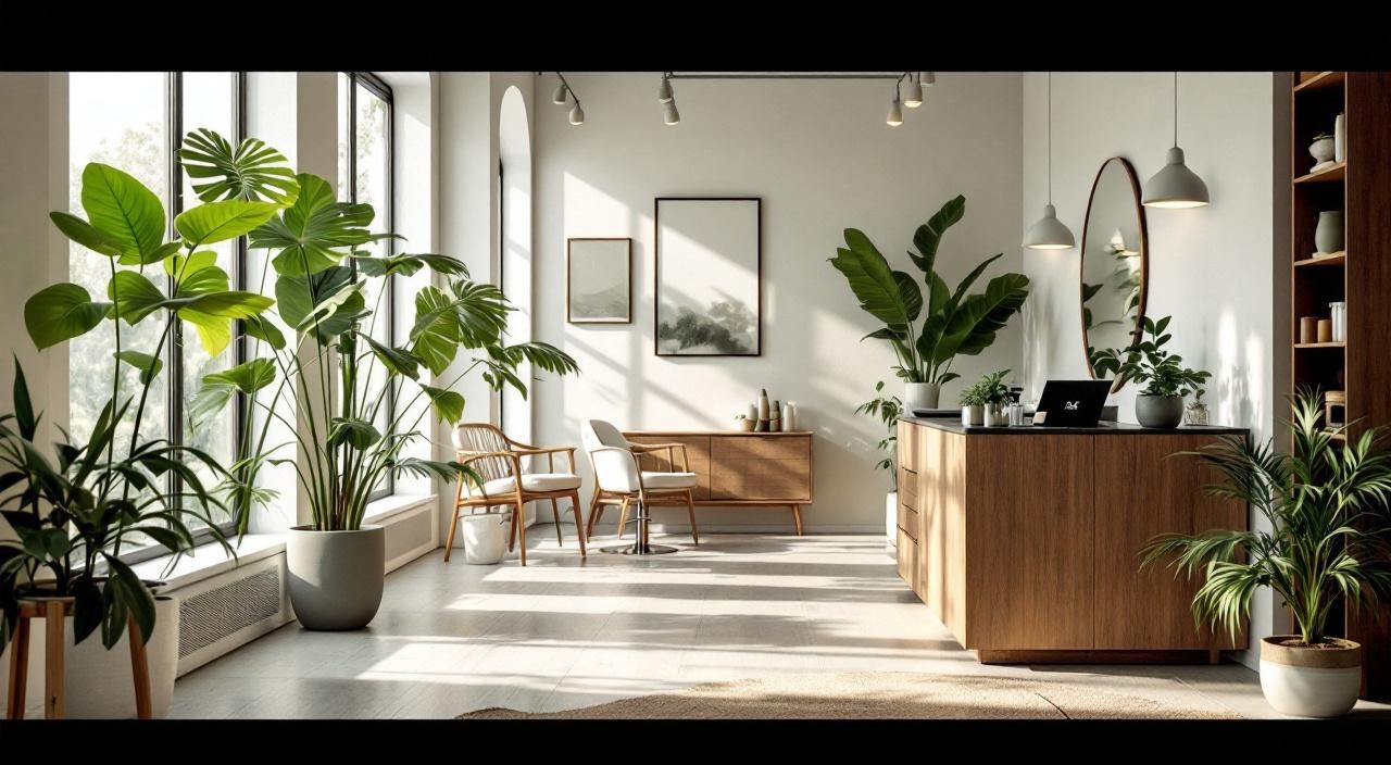 Interno moderno di un salone parrucchieri a Milano con design minimal e piante verdi