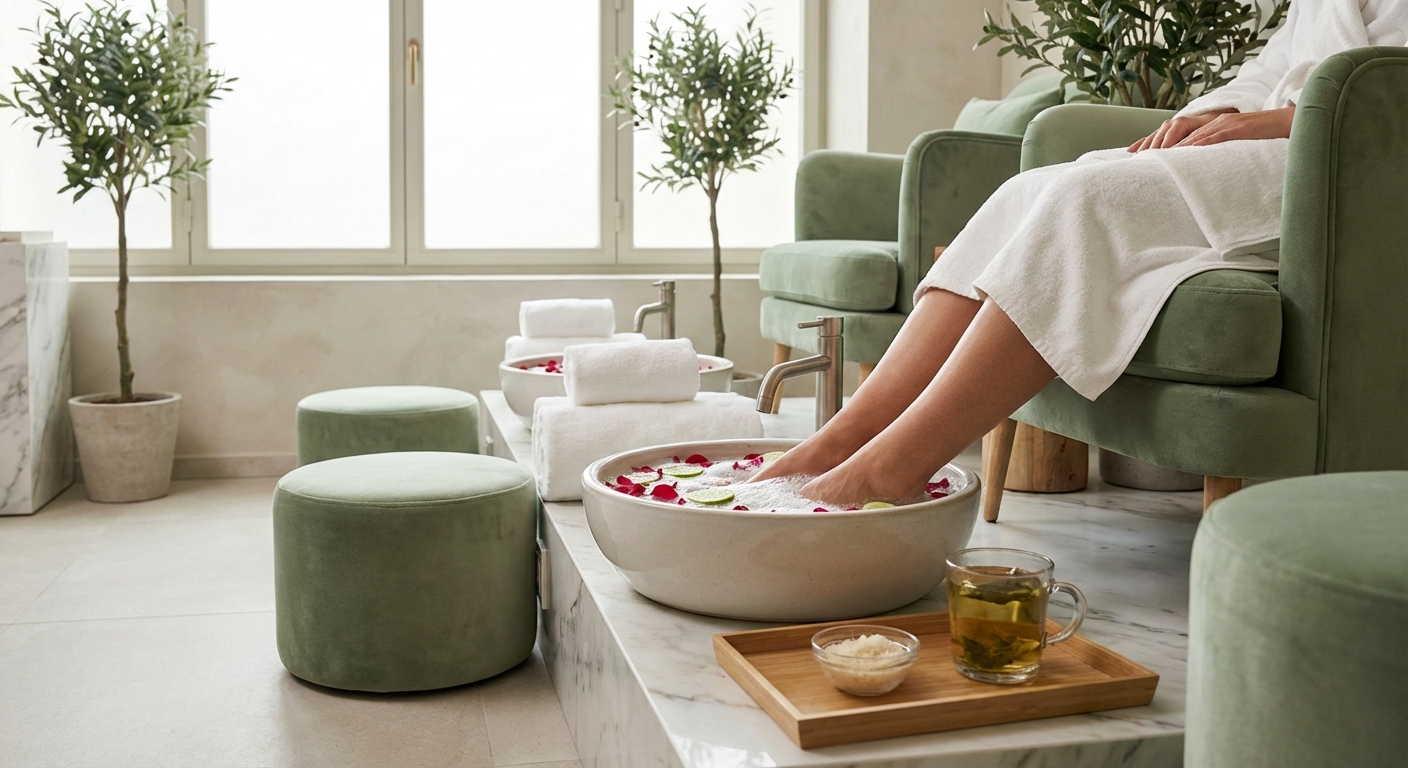 Bagno rilassante ai piedi per pedicure estetica in centro benessere italiano primavera 2026