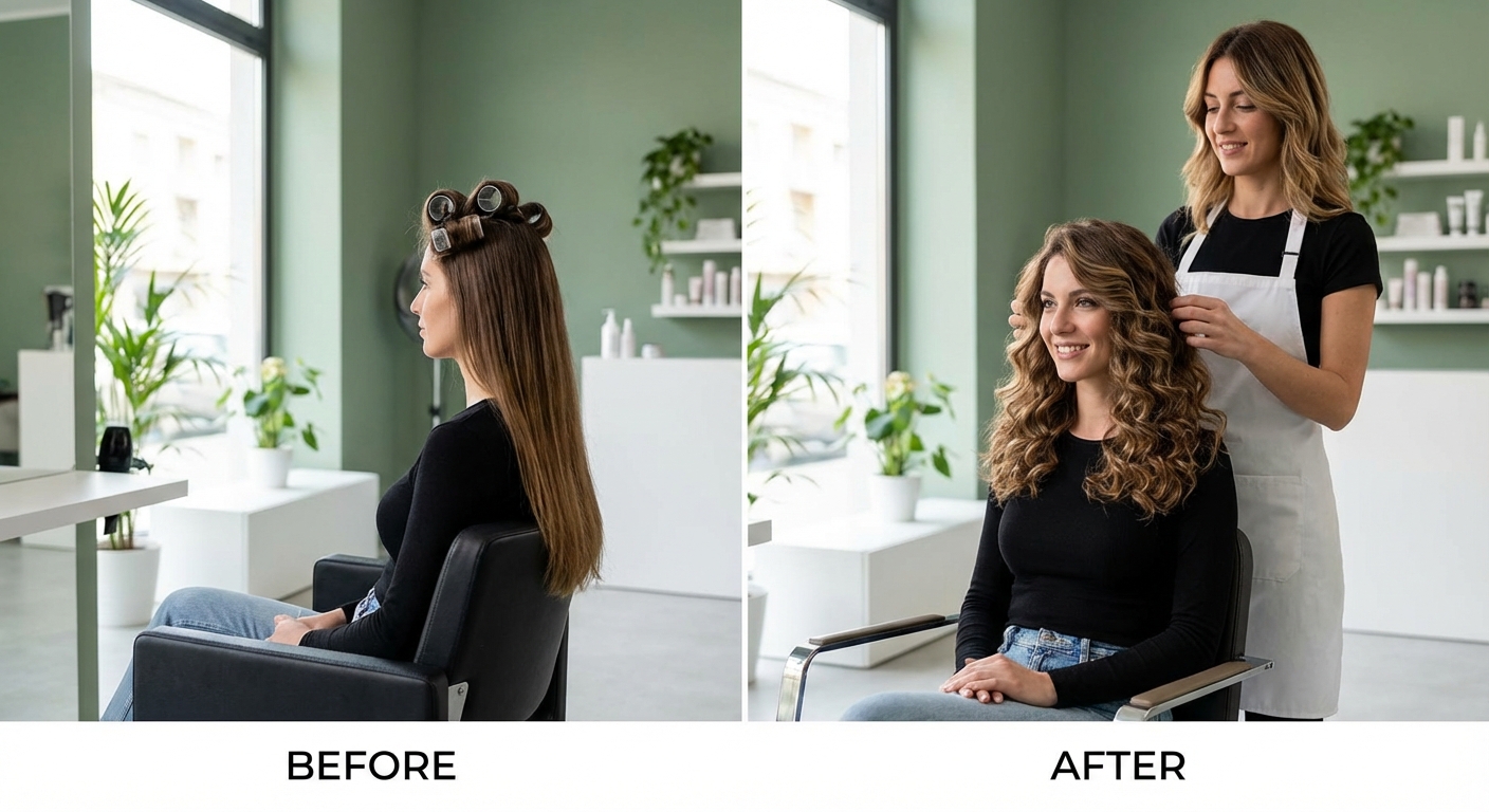 Donna con capelli ondulati dopo permanente in salone parrucchiere