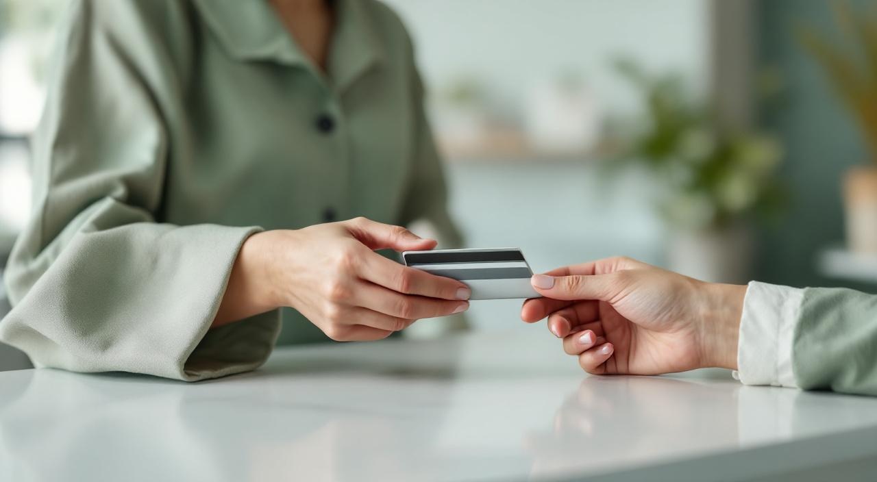 Cliente che paga con carta contactless alla reception di un salone moderno