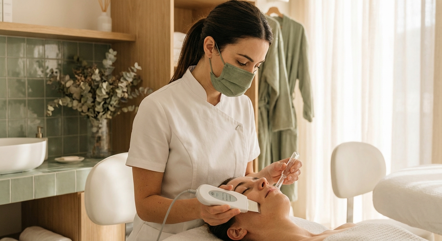 Estetista professionale con strumenti per pulizia del viso ultrasuoni — trattamento viso estetista