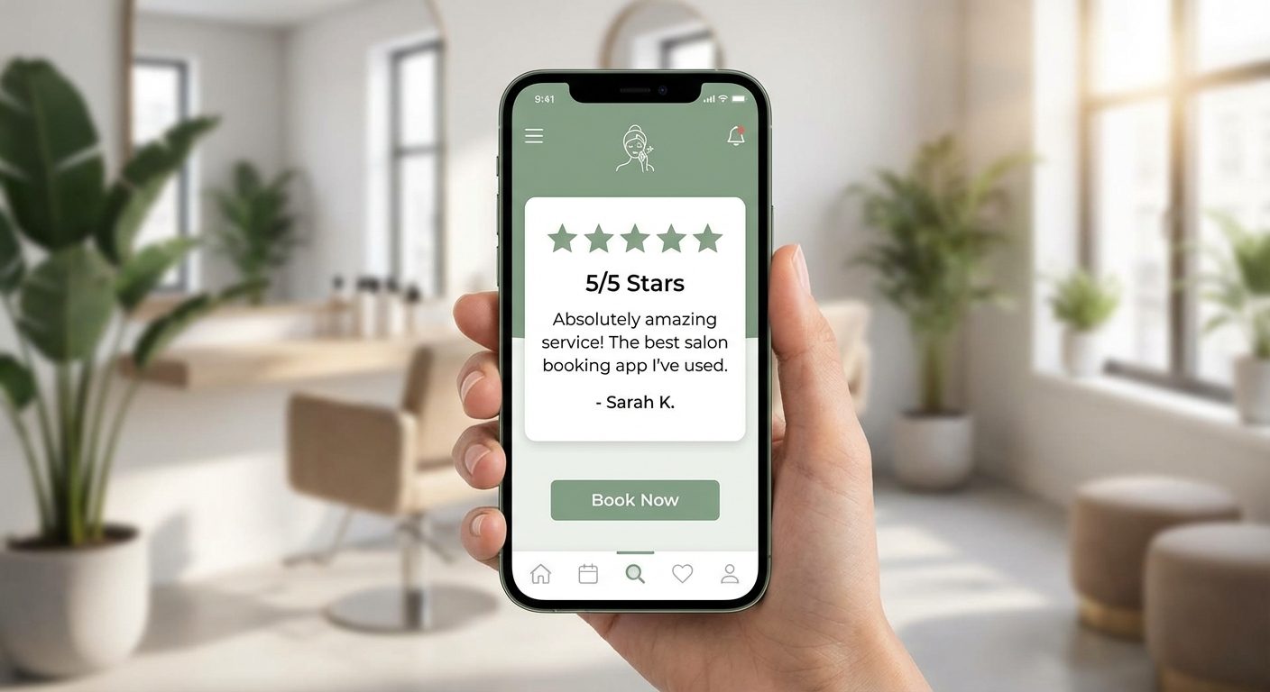 Schermata di smartphone con valutazioni a stelle per salone di bellezza