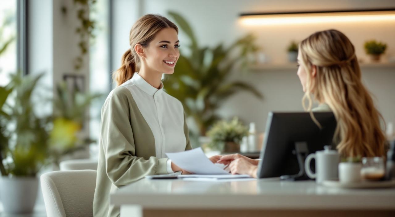 Proprietaria salone spiega politica cancellazione alla cliente alla reception — ridurre no-show salone