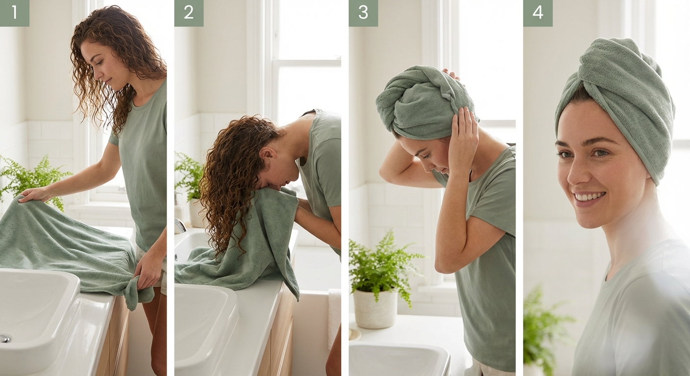 Tecnica del plopping per capelli ricci: asciugamano in microfibra avvolto attorno alla testa