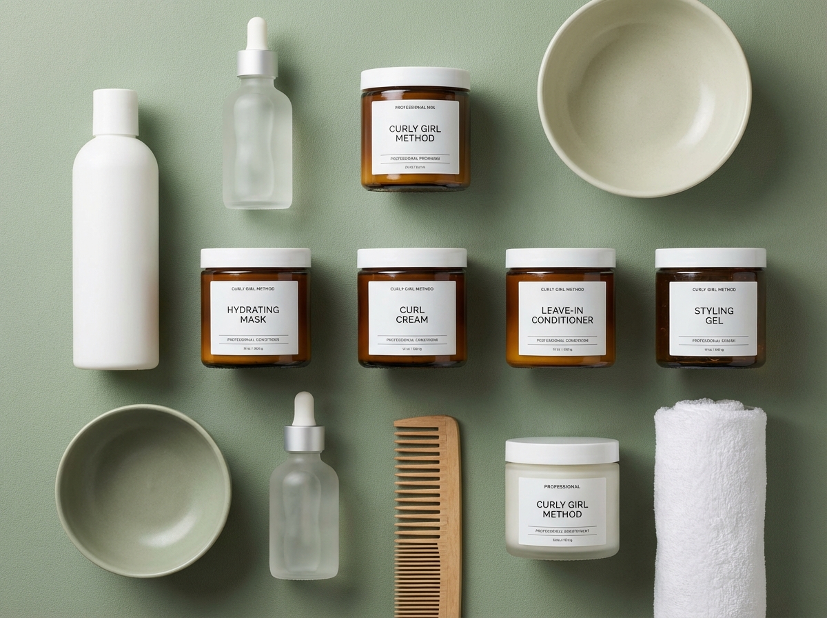 Prodotti per capelli ricci Curly Girl Method: leave-in, olio e gel su sfondo verde salvia