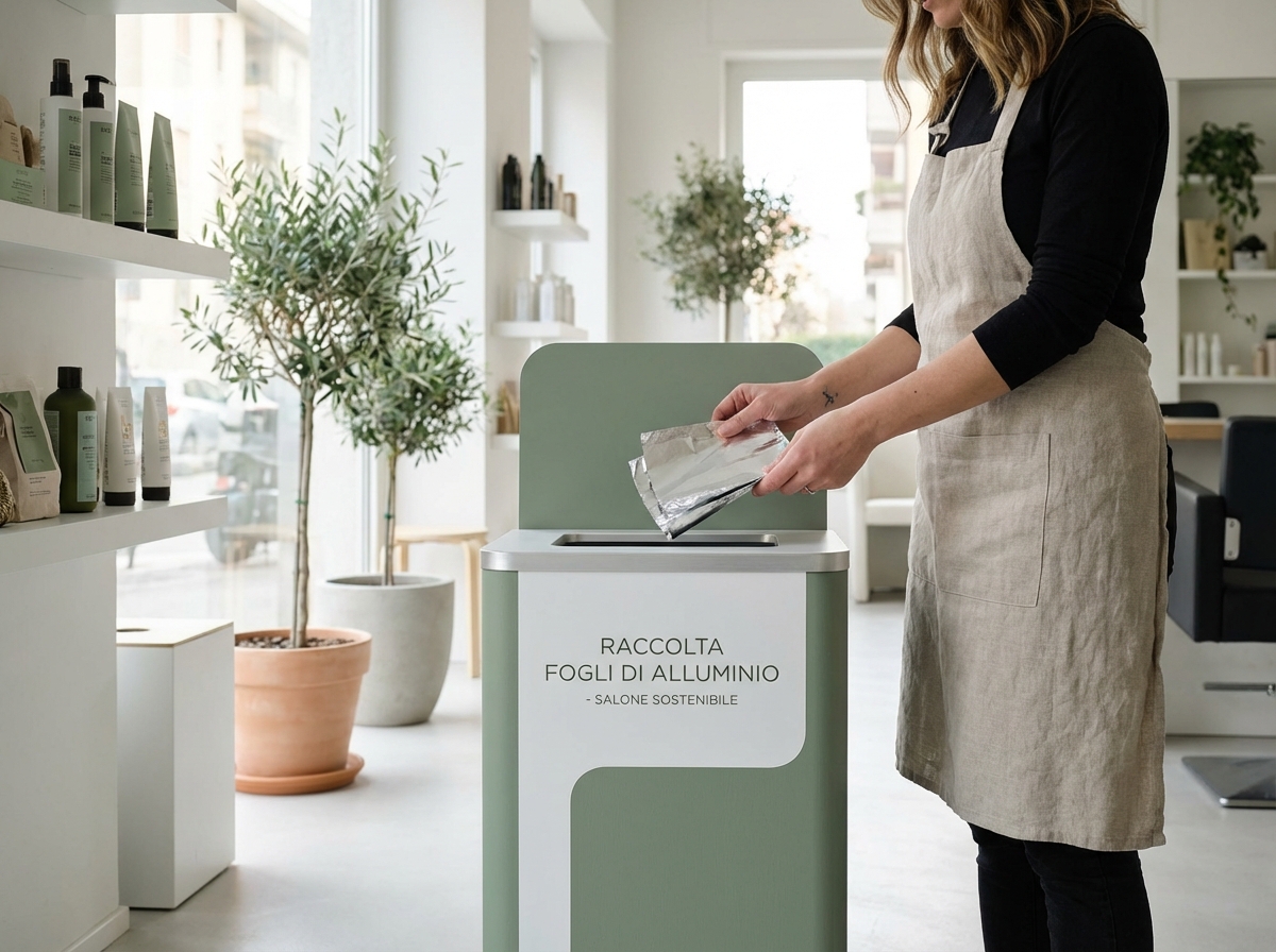 raccolta foil alluminio per il riciclo in un salone di parrucchiere eco-friendly