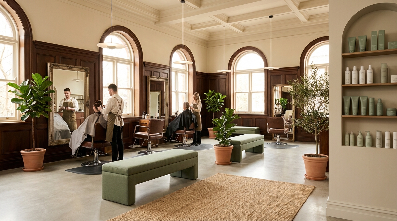 Interno di salone tradizionale di parrucchiere con postazioni di lavoro classiche — confronto salone tradizionale franchising domicilio 2026