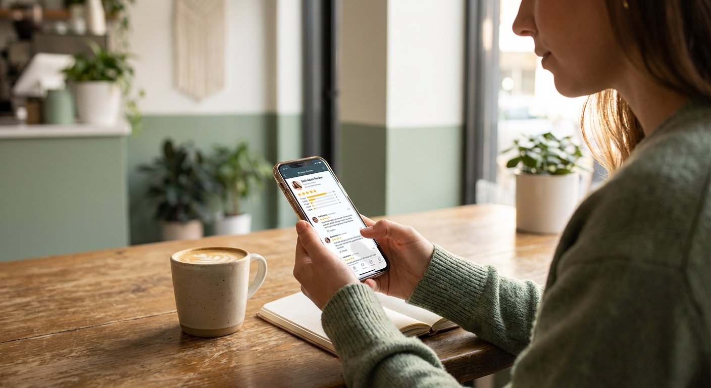 Donna legge recensioni parrucchiere online su smartphone — scegliere il parrucchiere giusto nel 2026 con le recensioni