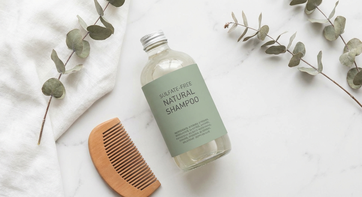 Etichetta shampoo con ingredienti da leggere, prodotti sulfate-free su superficie bianca