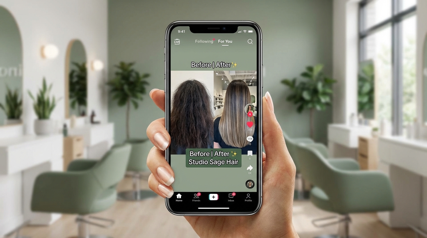 Parrucchiere che registra un video TikTok di una trasformazione colore in salone