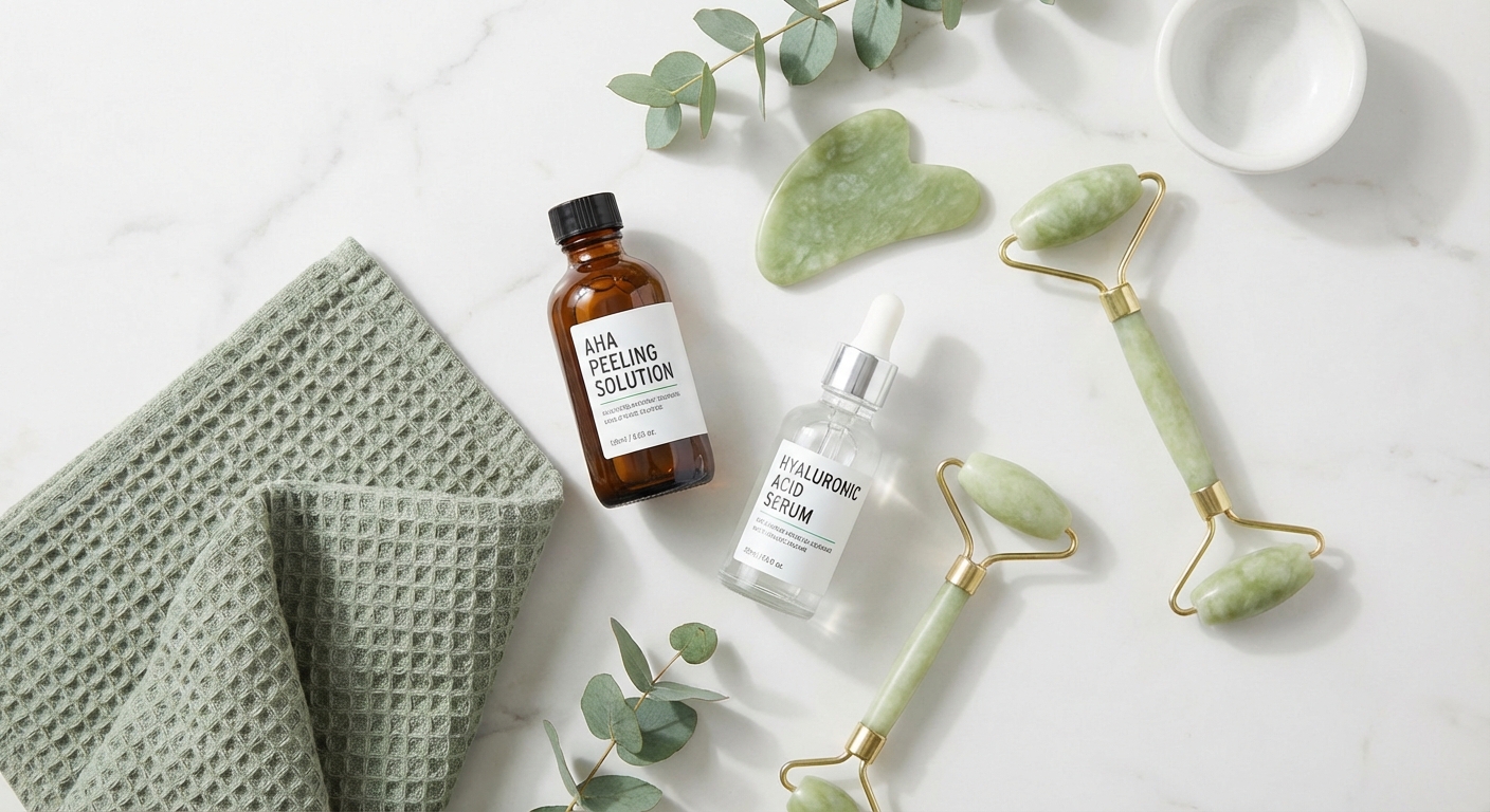 Prodotti per trattamenti viso professionali su superficie marmo — peeling chimico, sieri, jade roller per skincare 2026