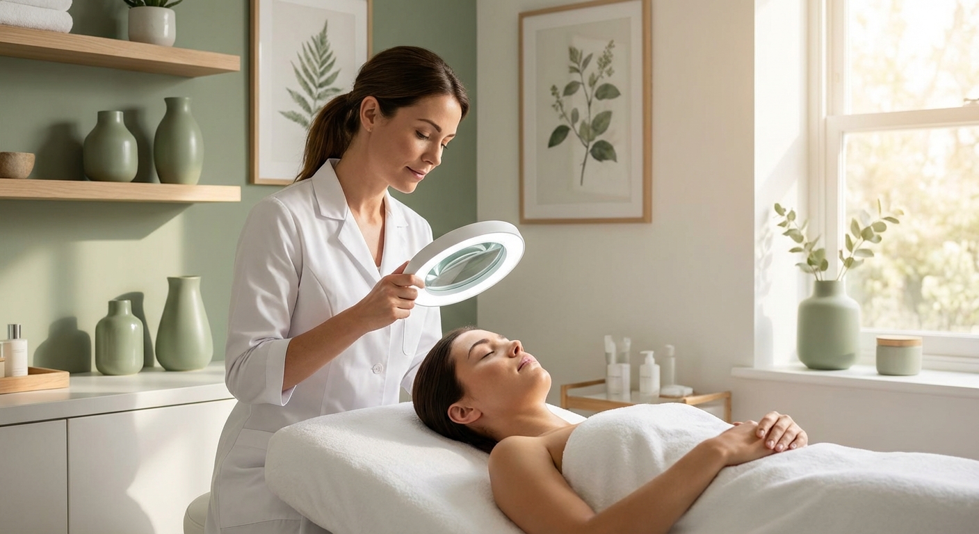 Estetista analizza la pelle del viso di una cliente con lampada professionale — trattamenti viso 2026 consulenza personalizzata