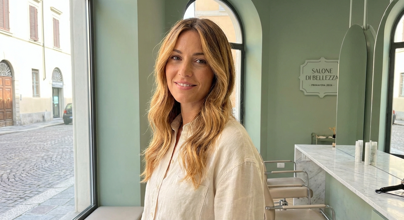Donna con capelli balayage dorato tendenza primavera 2026, luce naturale salone italiano